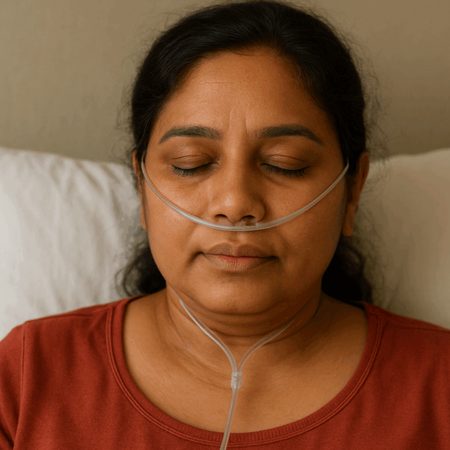 A patient resting comfortably with nasal cannula oxygen therapy at home