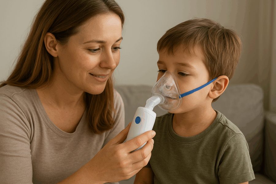 A mother helping her son use a nebulizer at home